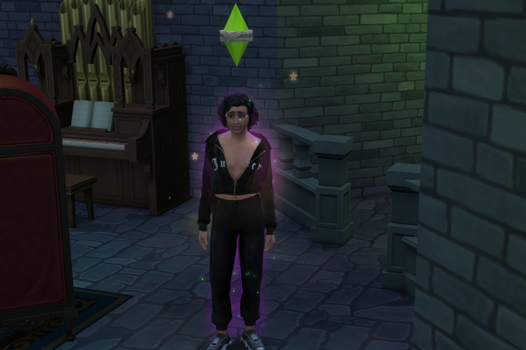 Screenshot from the sims with queer sim Felix