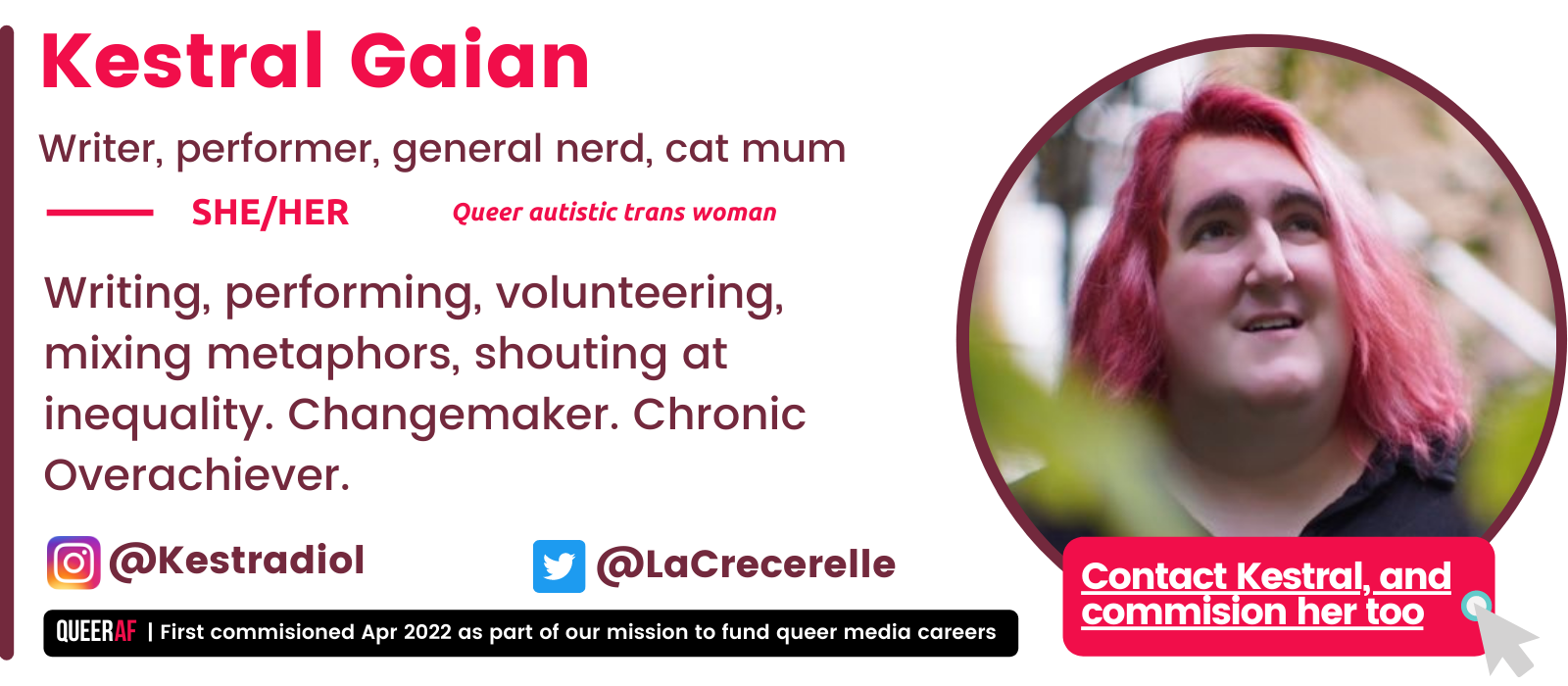  @Kestradiol @LaCrecerelle  Writing, performing, volunteering, mixing metaphors, shouting at inequality. Changemaker. Chronic Overachiever.   SHE/HER Queer autistic trans woman  Kestral Gaian Writer, performer, general nerd, cat mum