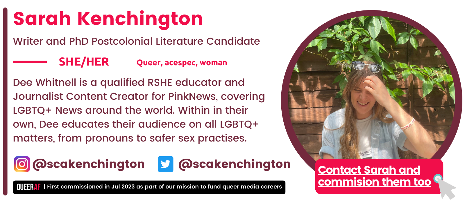 | First commissioned in Jul 2023 as part of our mission to fund queer media careers Queer AF @s3xtheorydee Contact Dee, and commision them too Dee Whitnell is a qualified RSHE educator and Journalist Content Creator for PinkNews, covering LGBTQ+ News around the world. Within in their own, Dee educates their audience on all LGBTQ+ matters, from pronouns to safer sex practises.  They/He Dee Whitnell Qualified LGBTQ+ Sex Educator, journalist, author